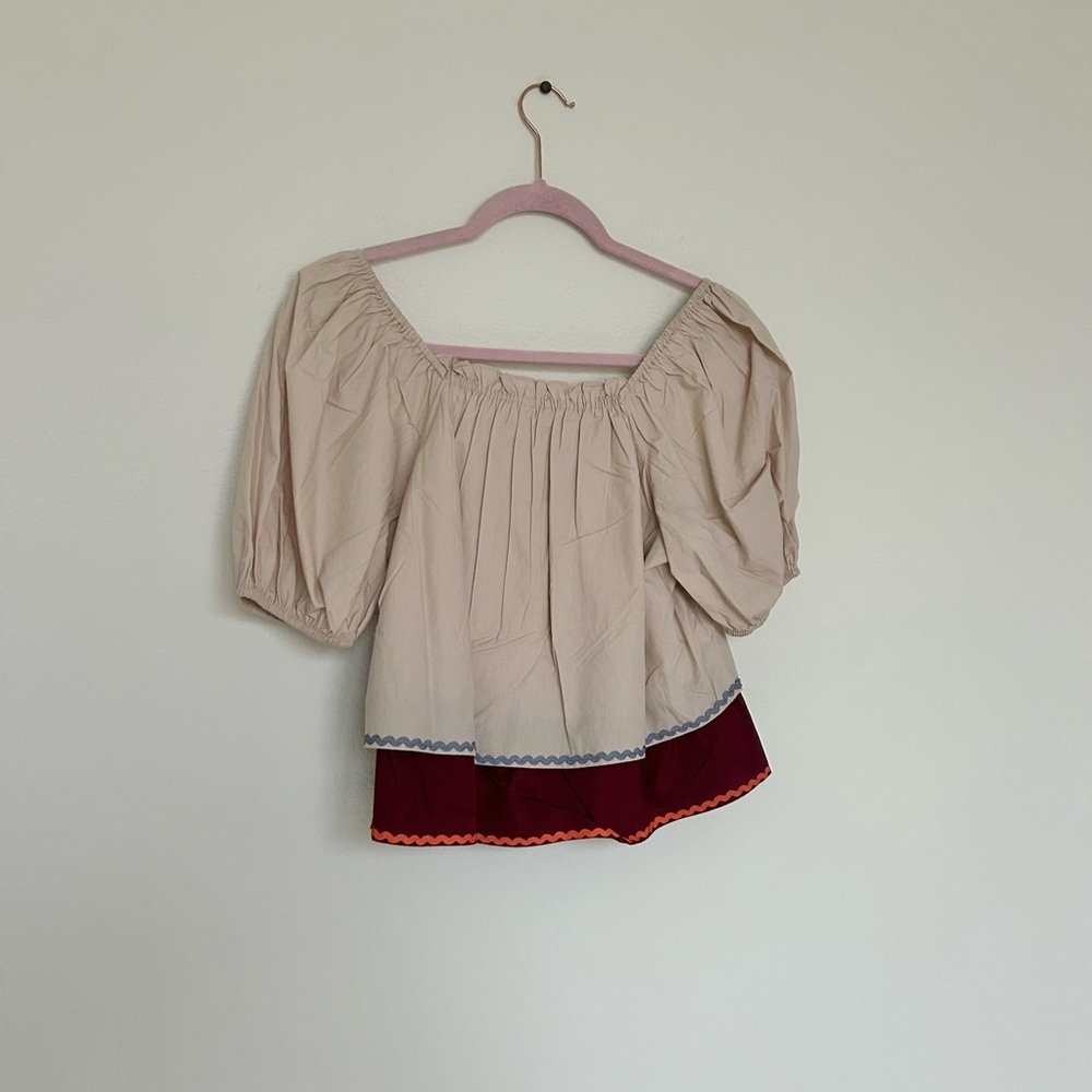 NWT English Factory Women's Colorblock Rickrack Trim Puff Sleeve Top Multi - Picture 6 of 6